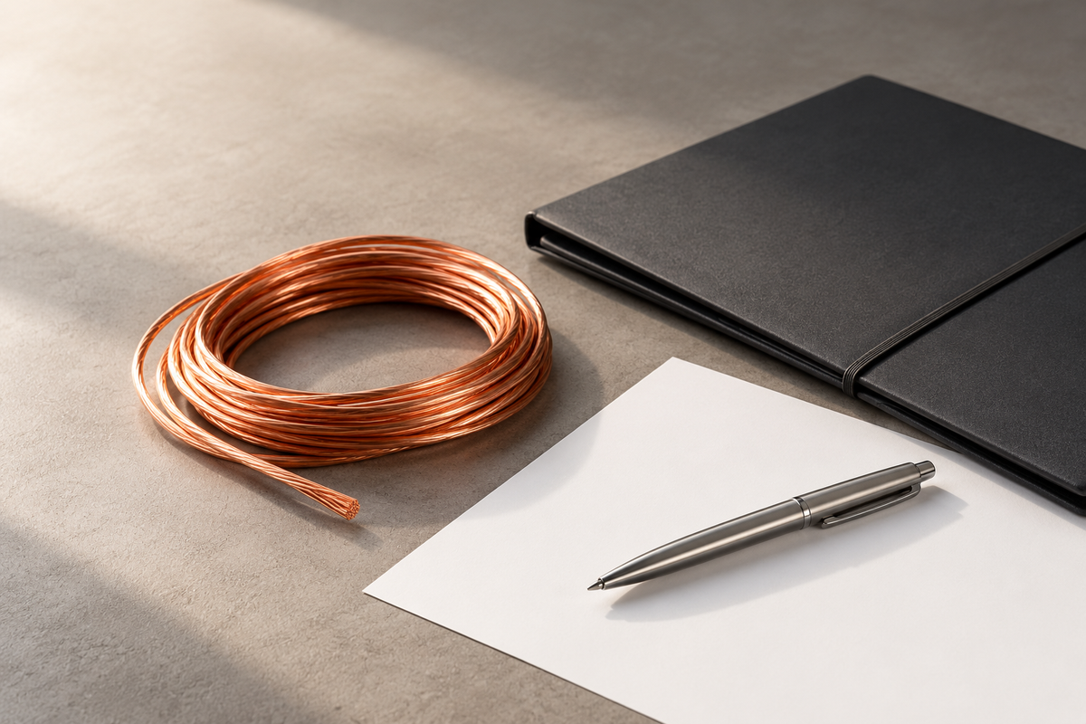 Concept image of a copper sample, document folder and pen