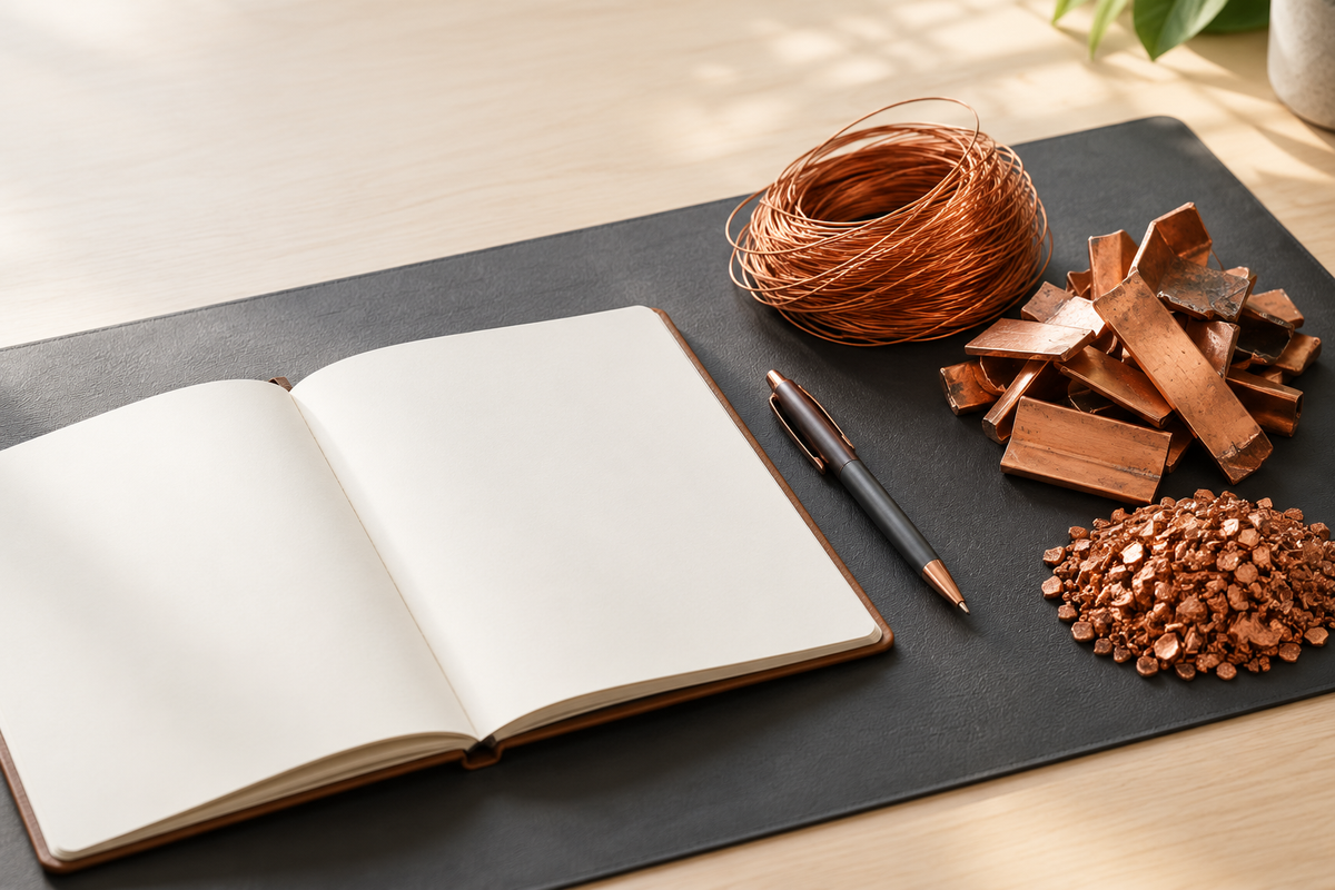 Concept image of copper samples beside a blank notebook