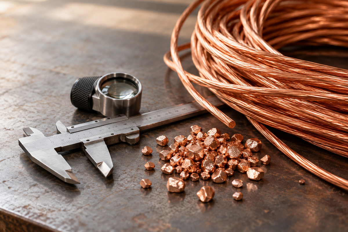 Concept image of copper samples beside a caliper and inspection loupe