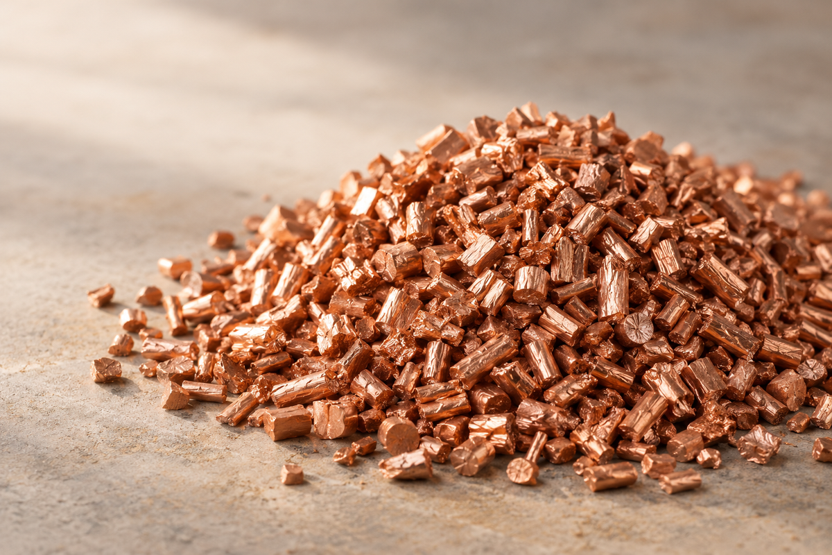 Illustration of chopped copper wire granules on a neutral surface