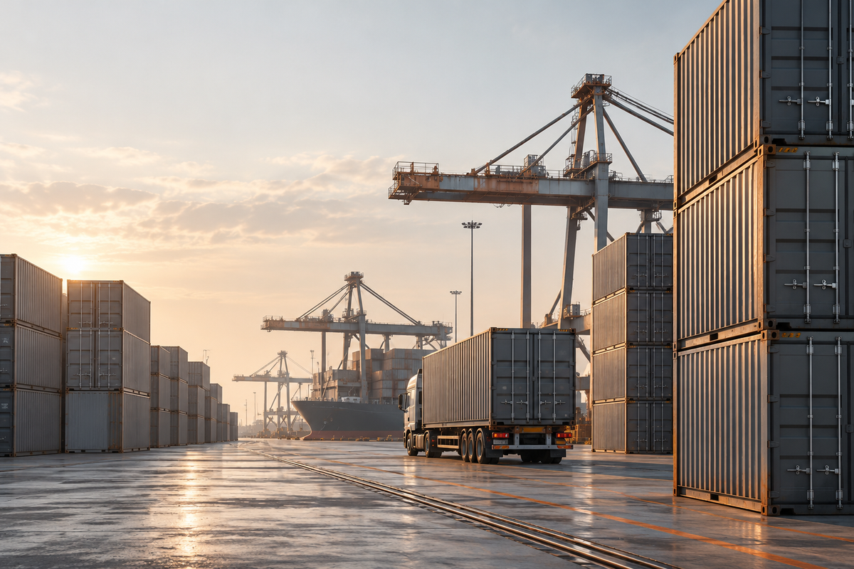 Illustrative container terminal with a freight truck and port cranes