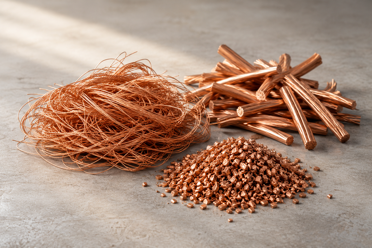 Illustration of fine copper wire, copper wire offcuts and copper granules